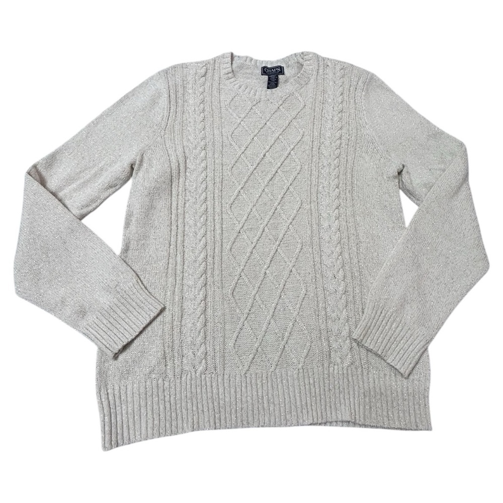 Chaps Cream Crewneck Cable Knit Sweater Woven With Sparkly Golden knit - Picture 1 of 6